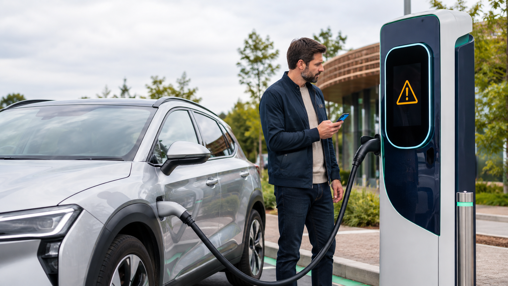 Driver checking a phone beside a public charger showing a warning while an electric SUV is connected.