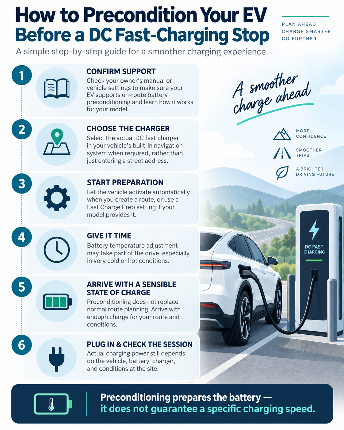 Step-by-step infographic showing how an EV driver can prepare the battery before a DC fast-charging stop using built-in navigation or the vehicle’s fast-charge-preparation feature.