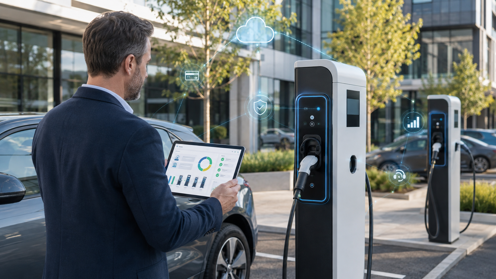 Charger host using a tablet to monitor networked EV charging stations.