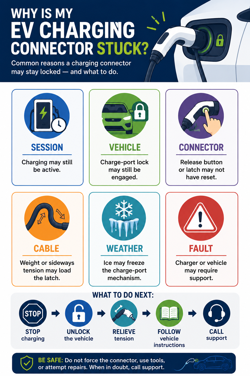 Infographic explaining common reasons an EV charging connector can remain stuck, including an active charging session, locked vehicle charge port, connector latch, cable tension, freezing conditions and equipment faults.