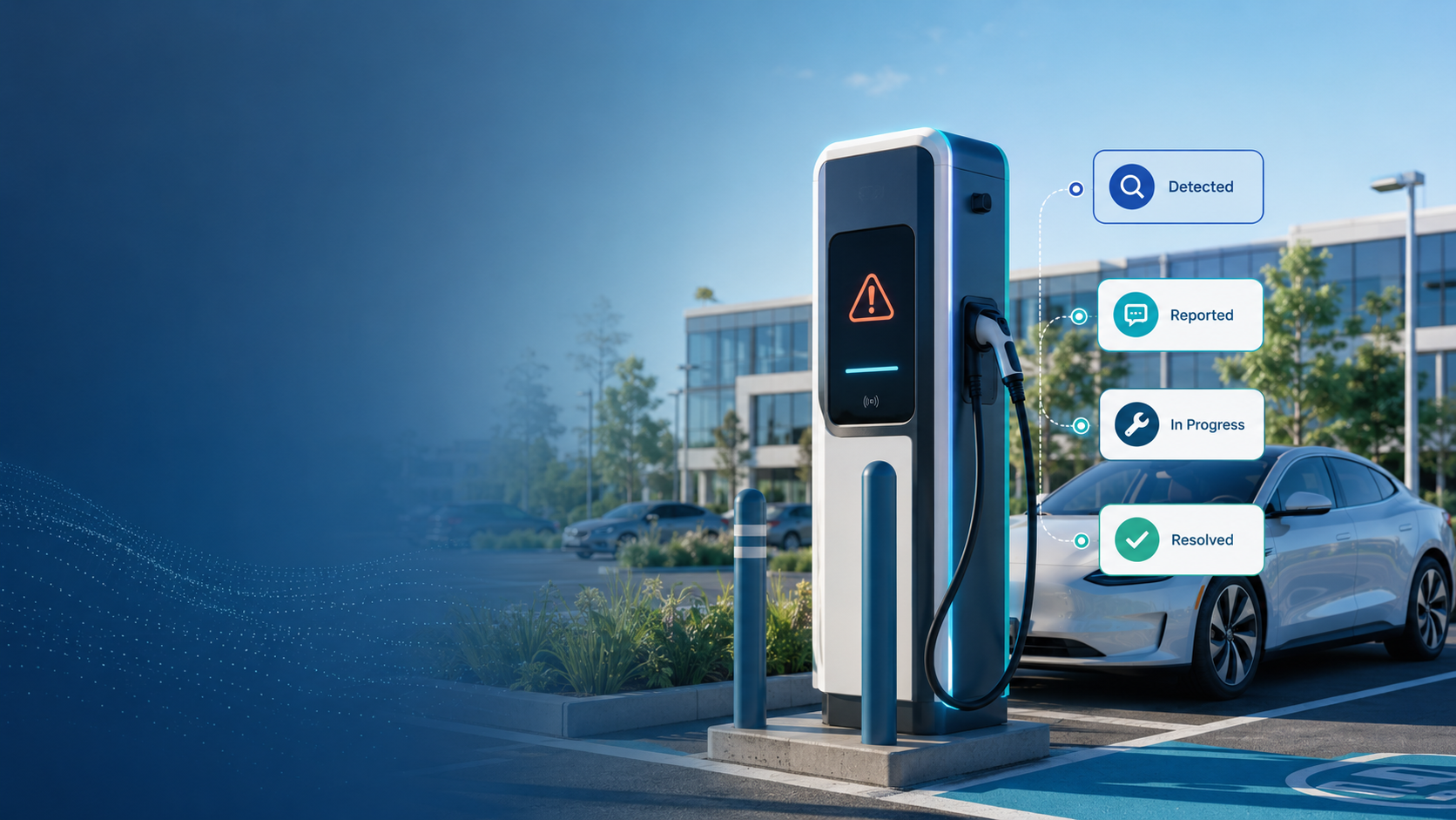 Public EV charging station beside a car with maintenance status indicators.