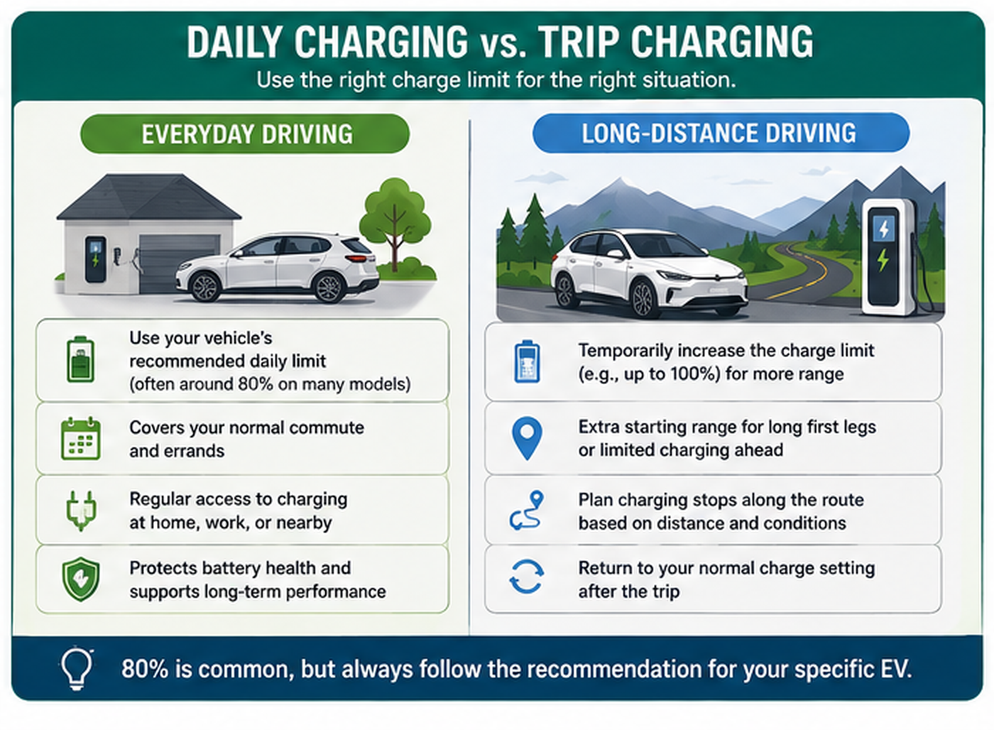 80% is common, but always follow the recommendation for your specific EV.