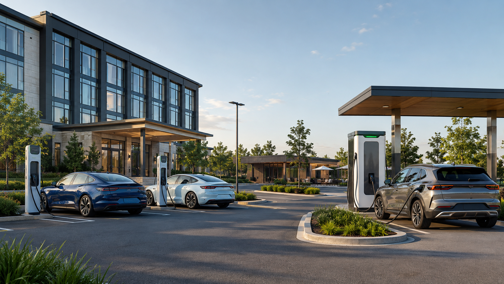 Electric cars using Level 2 and DC fast chargers in a shared parking area.