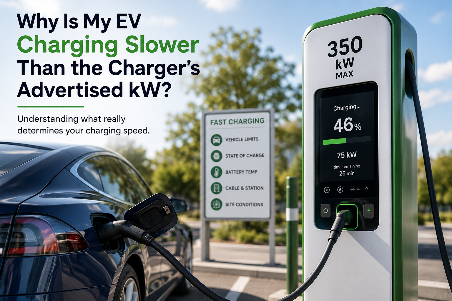 Electric car connected to a fast charger displaying a 46 percent battery level and 75 kW rate.
