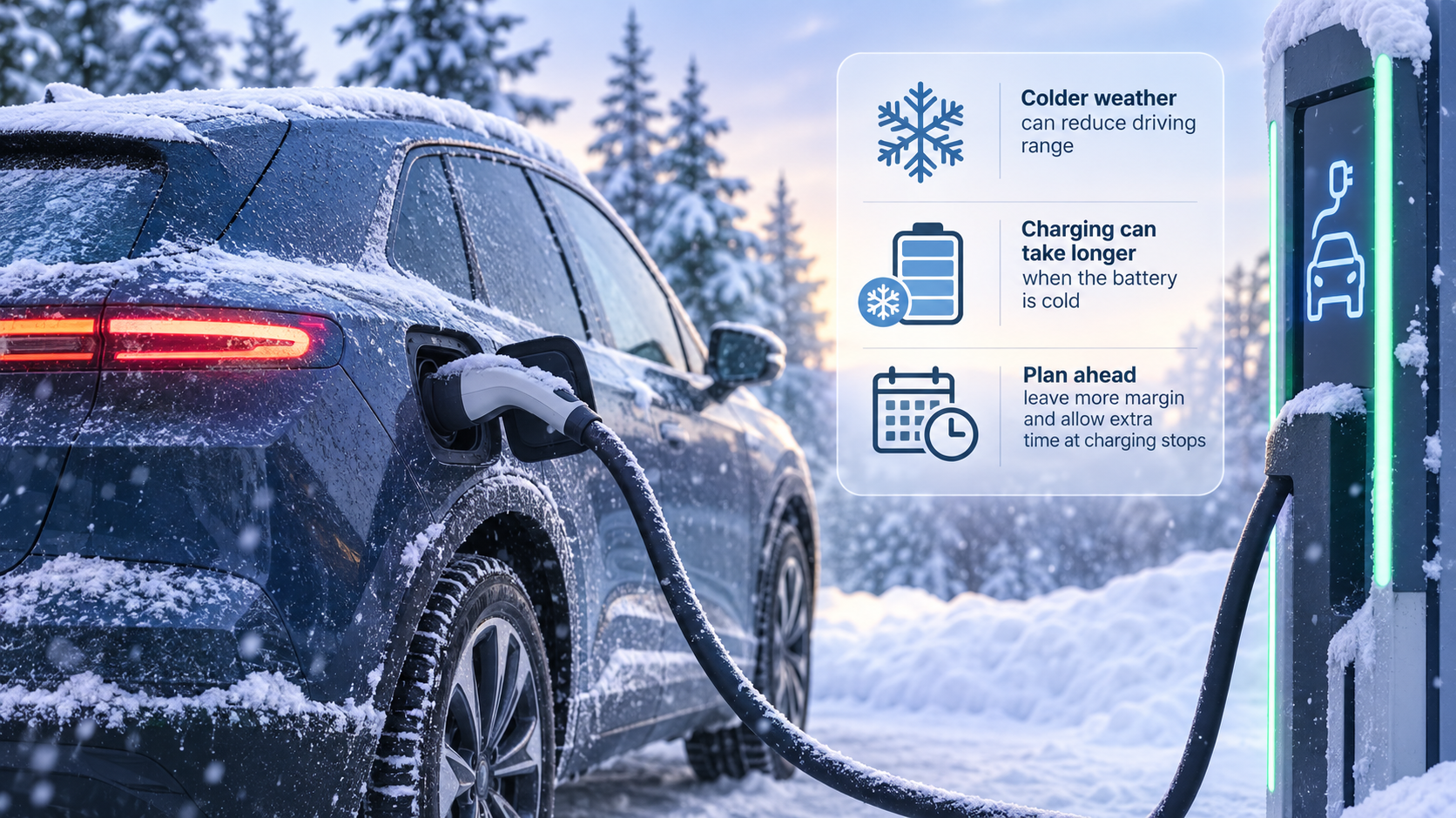 Snow-covered electric SUV connected to a public charger in cold weather.