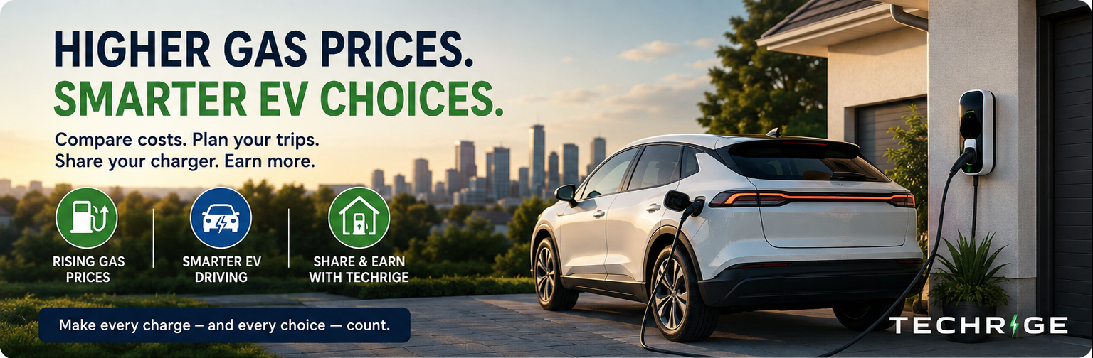 White electric SUV connected to a home charger with a city skyline in the background.