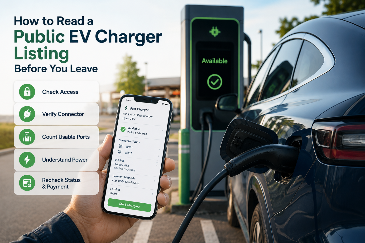 Driver holding a charger-listing app beside an electric car connected to a public charger.