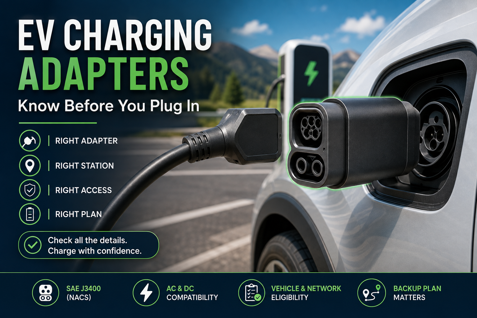 Close-up of EV charging adapters aligned with an electric car charging port.