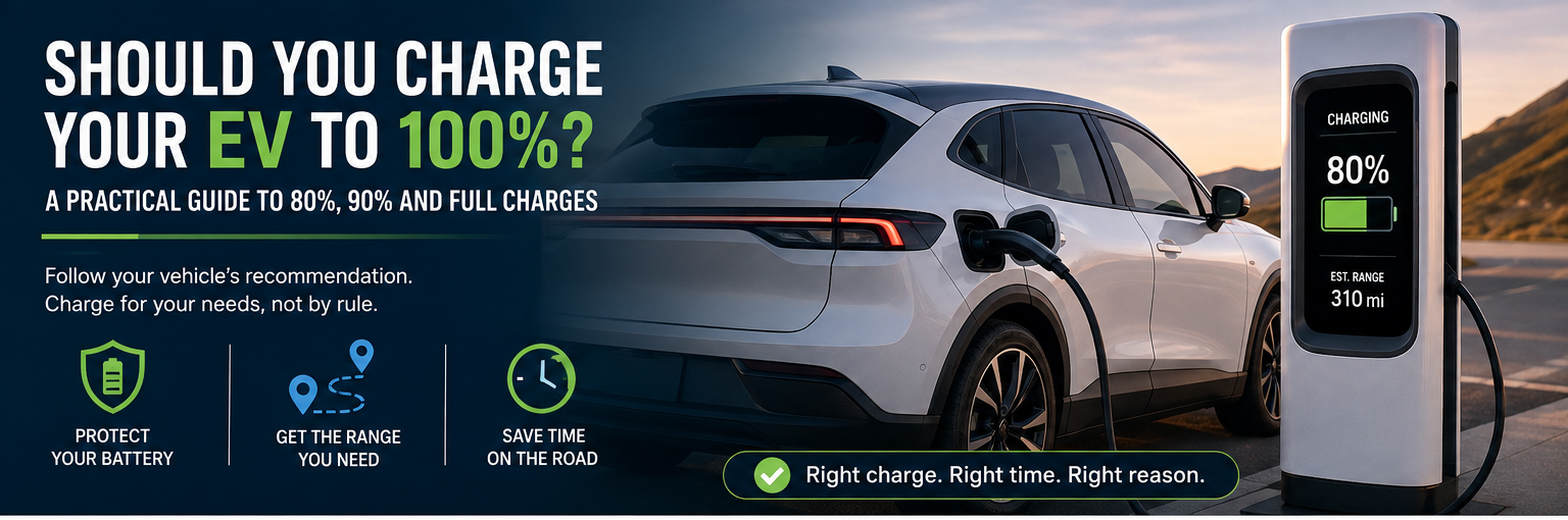 White electric SUV charging beside a display showing an 80 percent battery level.